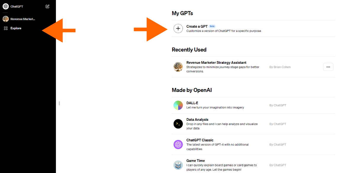 Click explore in ChatGPT to create your custom GPT
