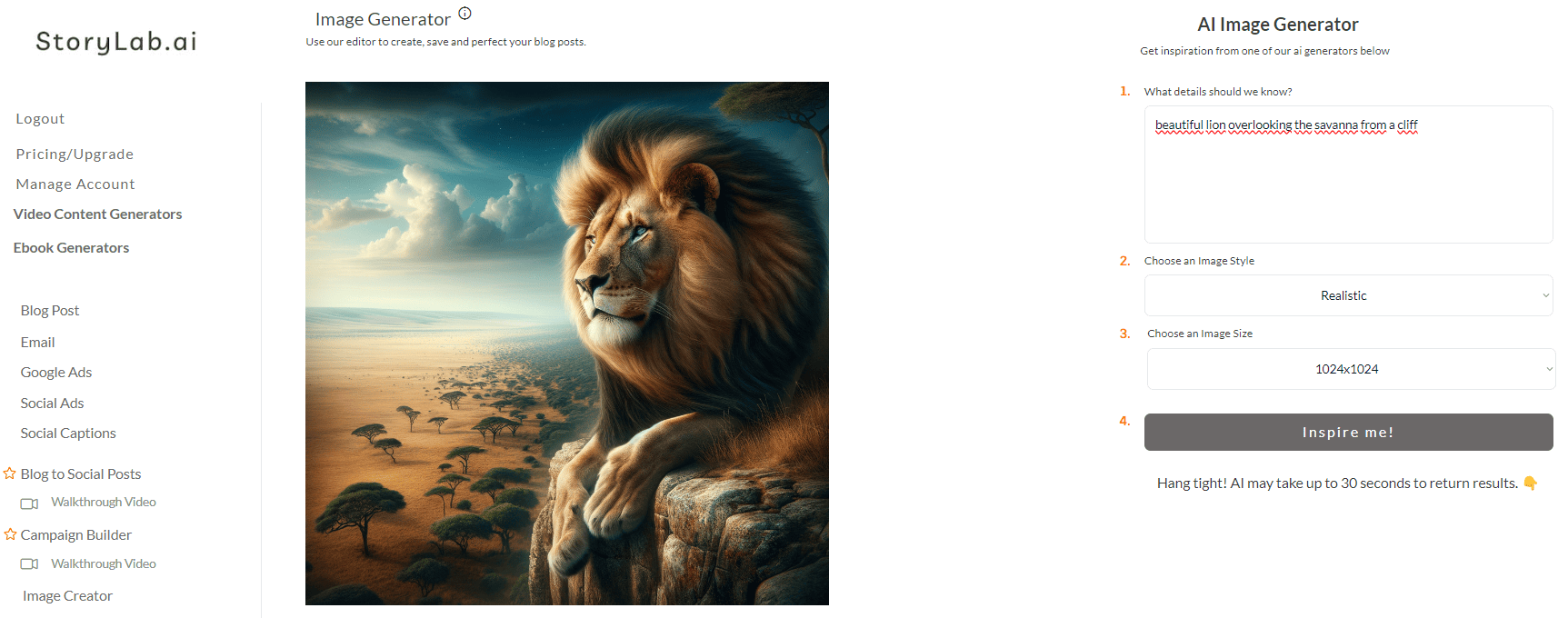 StoryLab AI Text to Image Generator Example Lion
