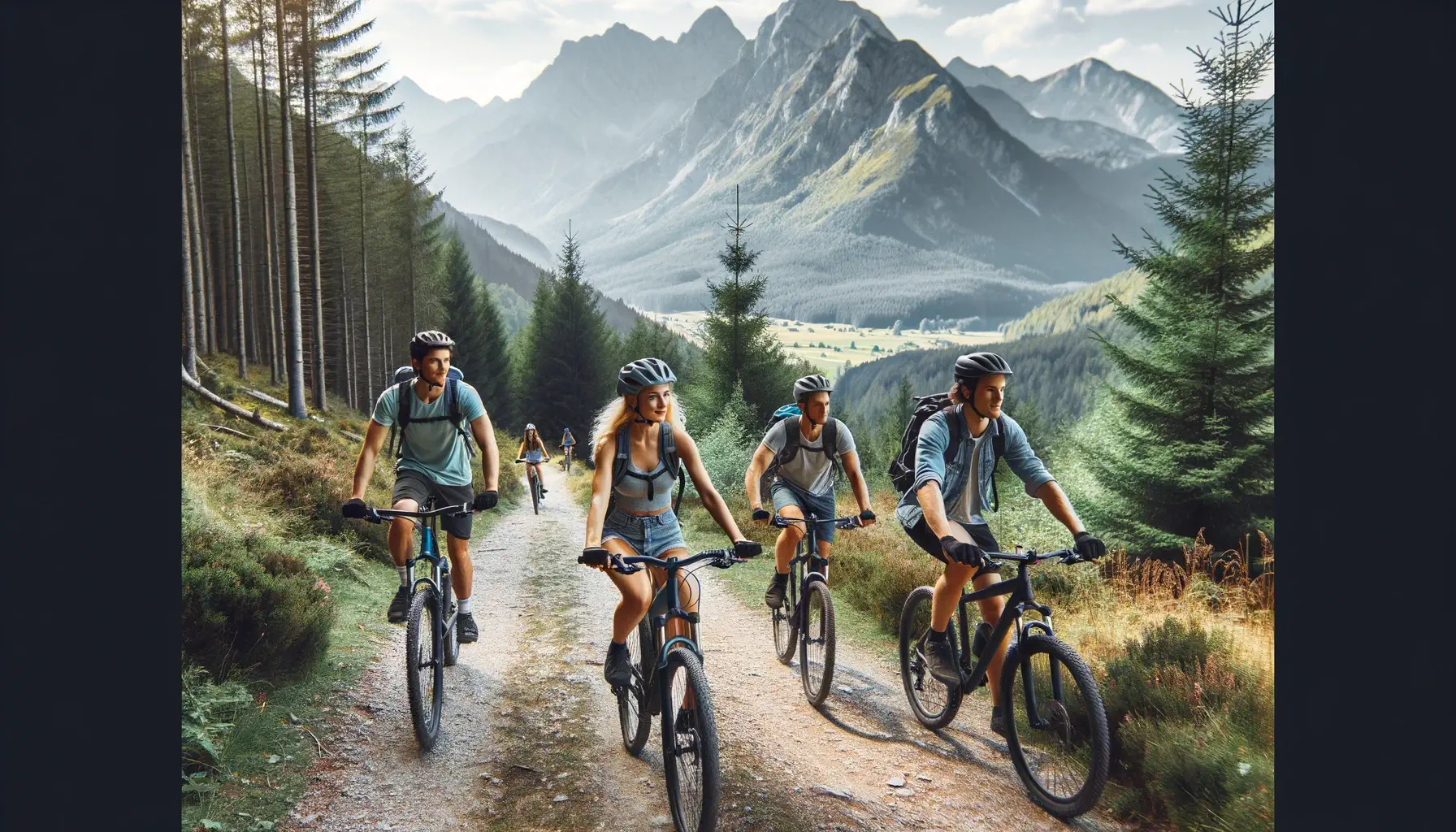Fitness AI Art Examples group of friends cycling along a scenic mountain trail