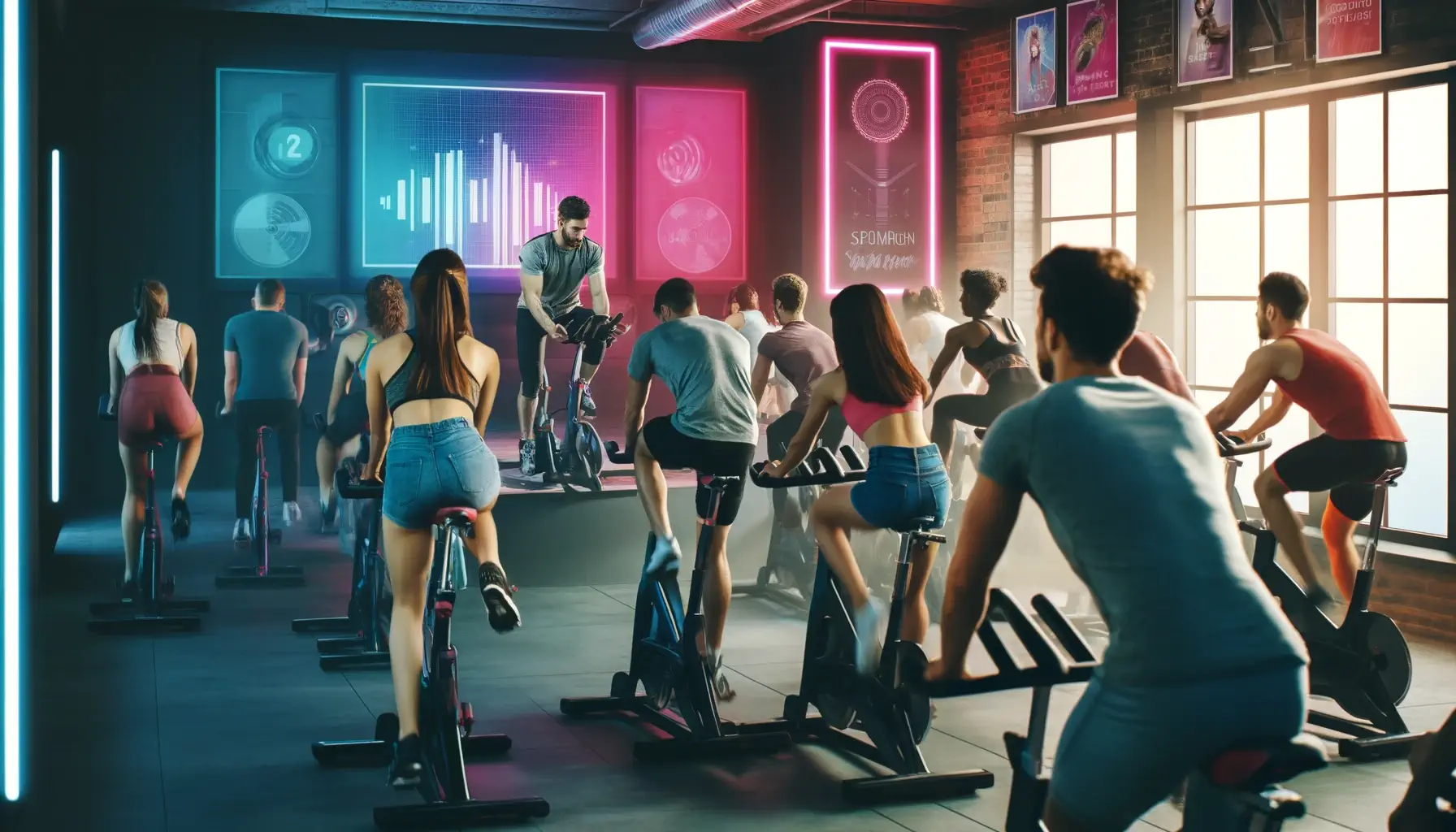 Fitness AI Art Examples high-energy spin class in a modern gym
