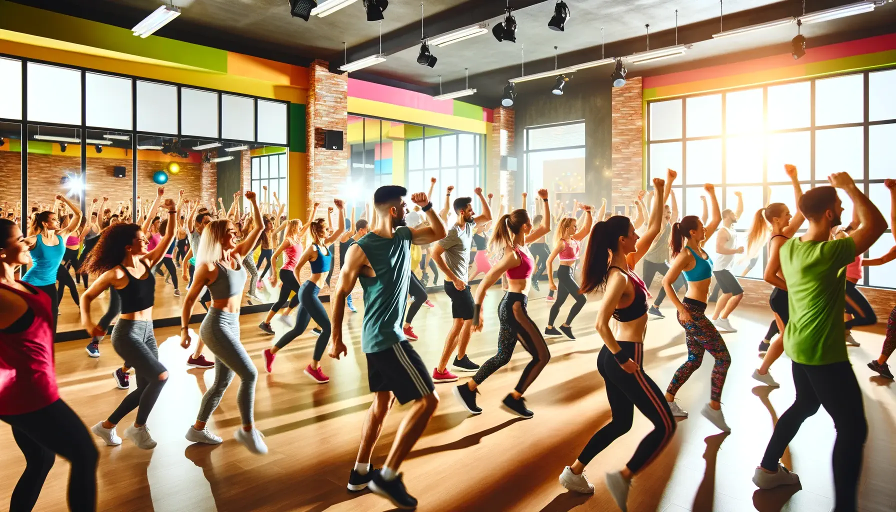 Fitness AI Art Examples lively Zumba class in a brightly lit studio