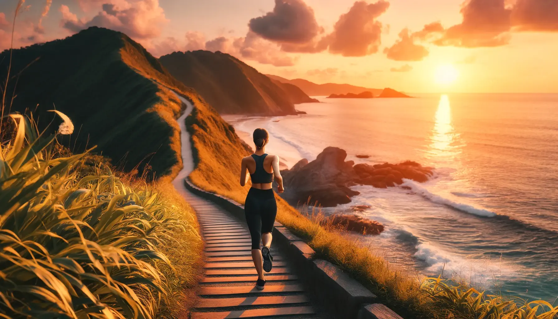Fitness AI Art Examples woman jogging along a scenic coastal trail at sunset