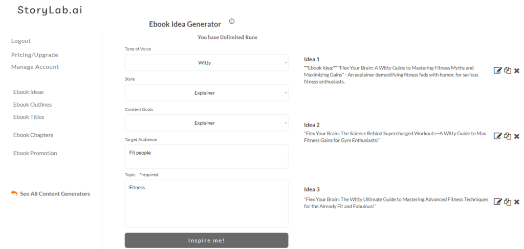 Fitness eBook Idea Generator Output Example