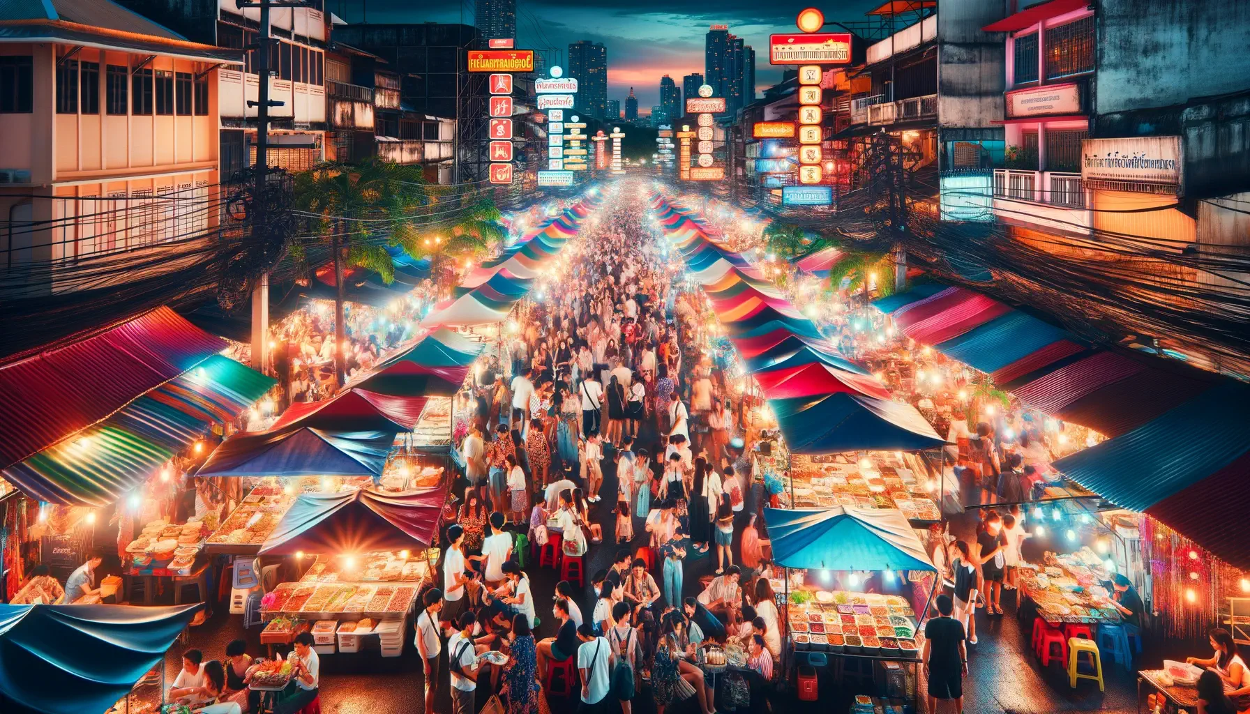 Travel AI Art Examples bustling night market in Bangkok