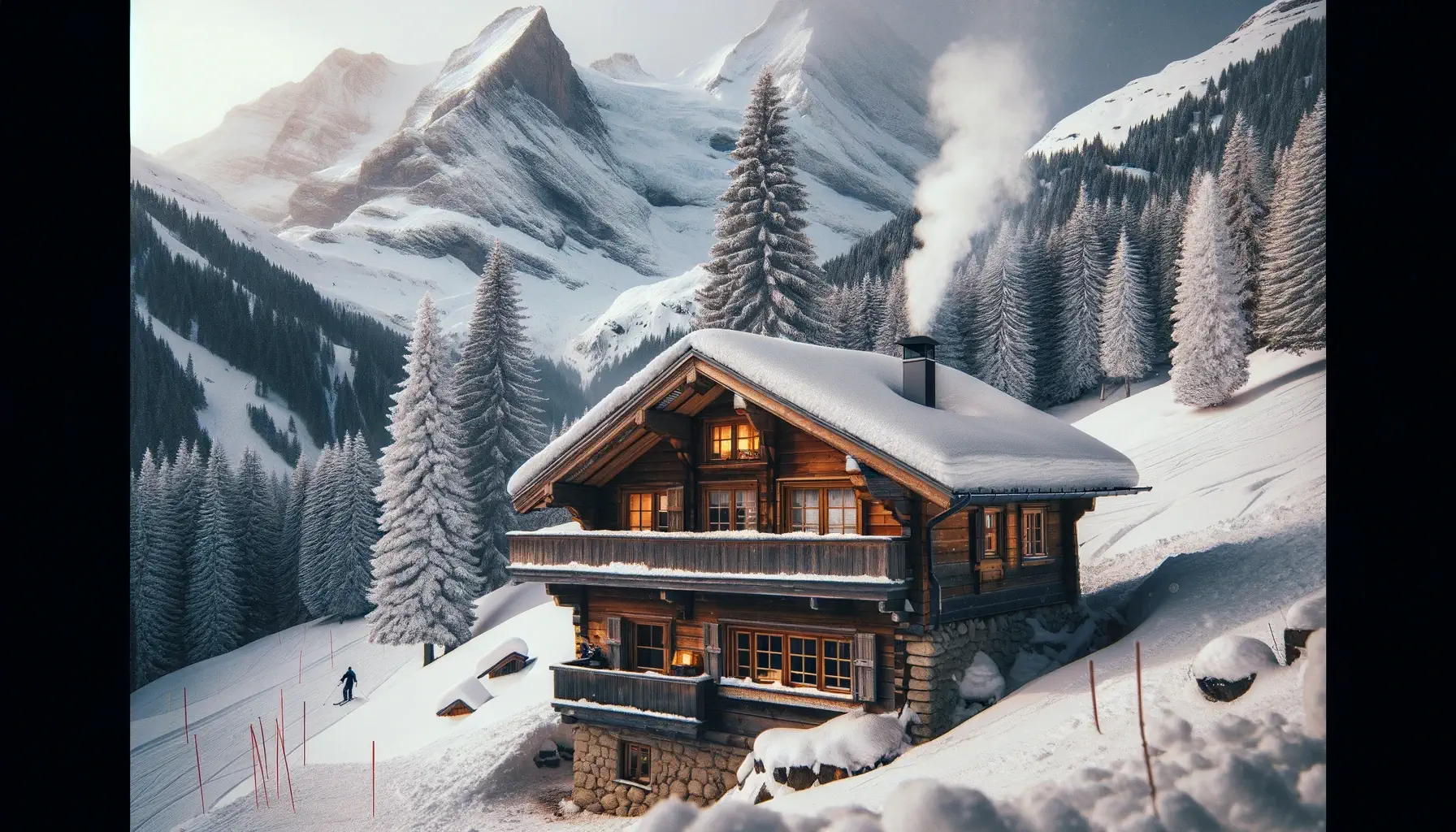 Travel AI Art Examples cozy, snow-covered cabin in the Swiss Alps