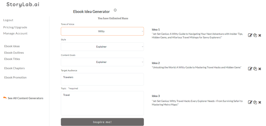 Travel eBook Idea Generator Output Example