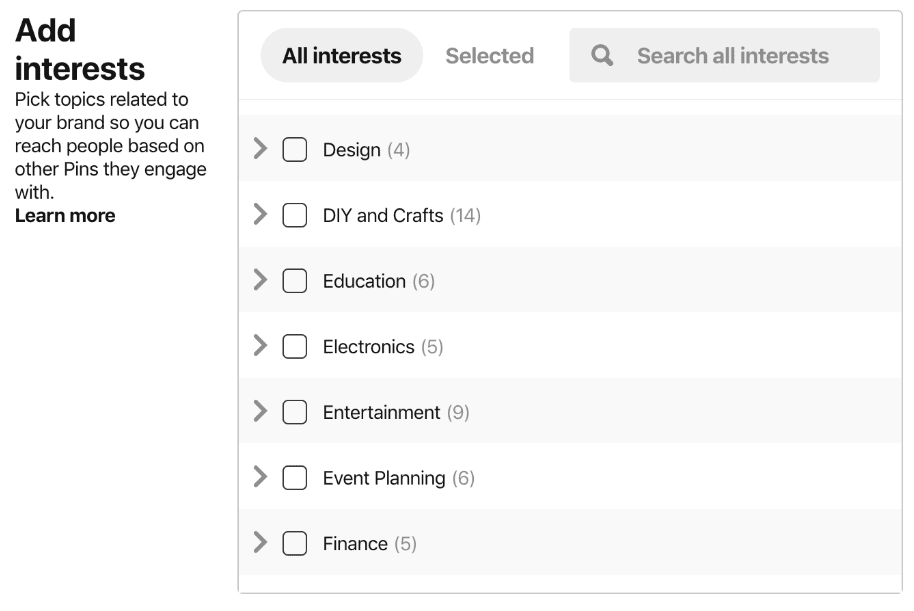 Pinterest Campaign Details Choose Interests Example