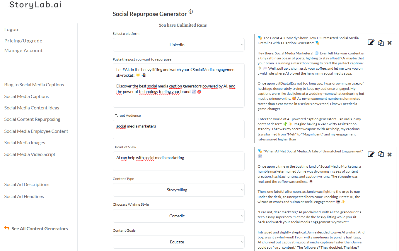 AI Social Media Repurposing Generator example
