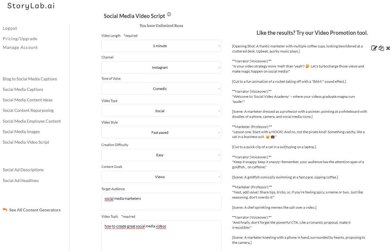 AI Social Media Video Script Generator Example