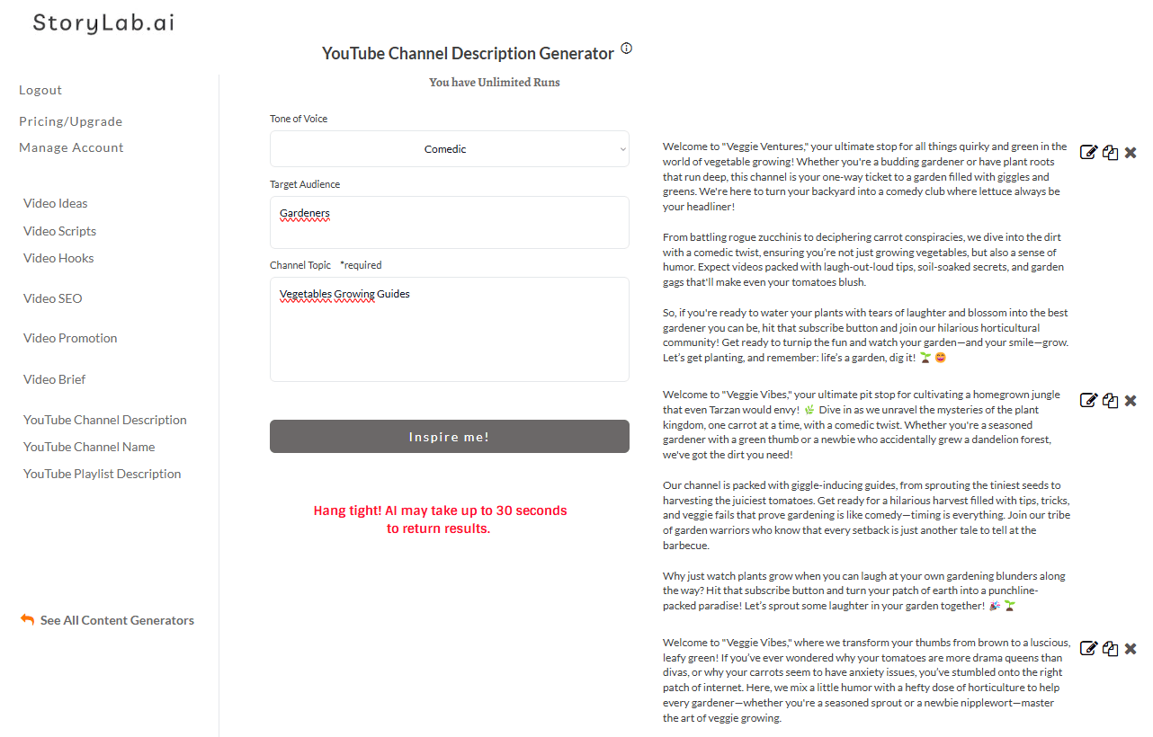 YouTube Channel Description Generator example