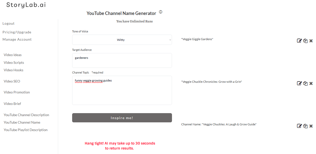 YouTube Channel Name Generator Example