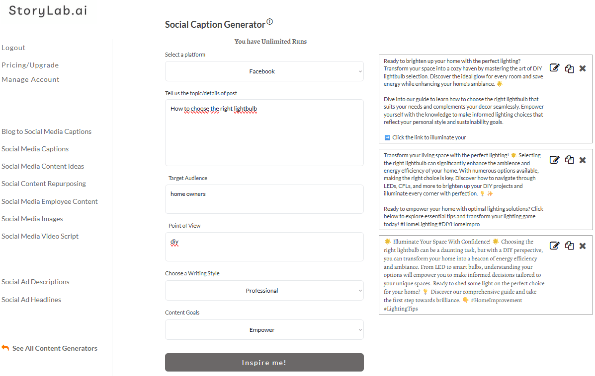 Electrician Social Media Content Ideas AI Tool Example